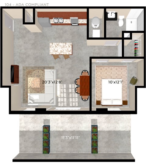 Floor plan for 1 bed, 1 bath, 745 sqft